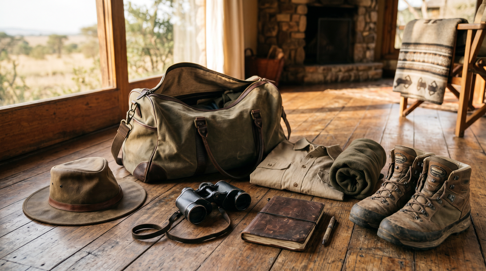 An open soft duffel bag on a wooden lodge floor with binoculars, a field guide, and a fleece
