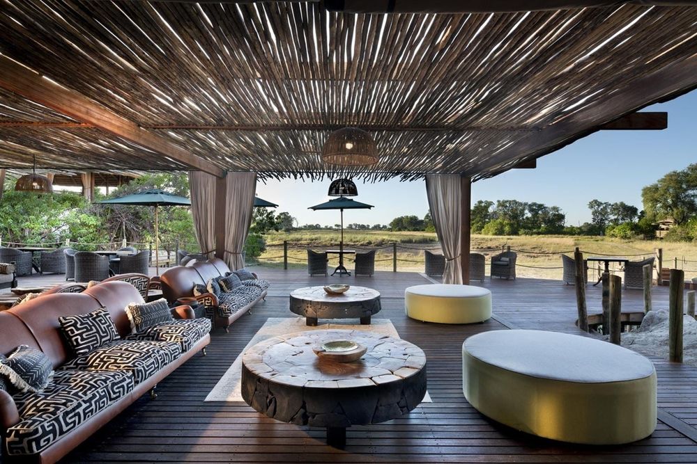 Modern luxury safari lodge lounge looking out across the Botswana bushveld