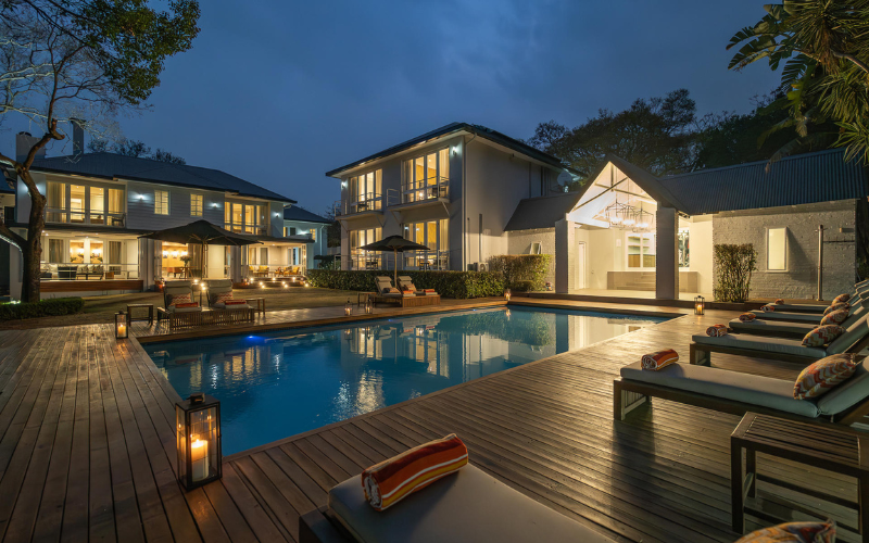 The walled garden and pool at AtholPlace Hotel in Sandton, Johannesburg, shot in the early evening