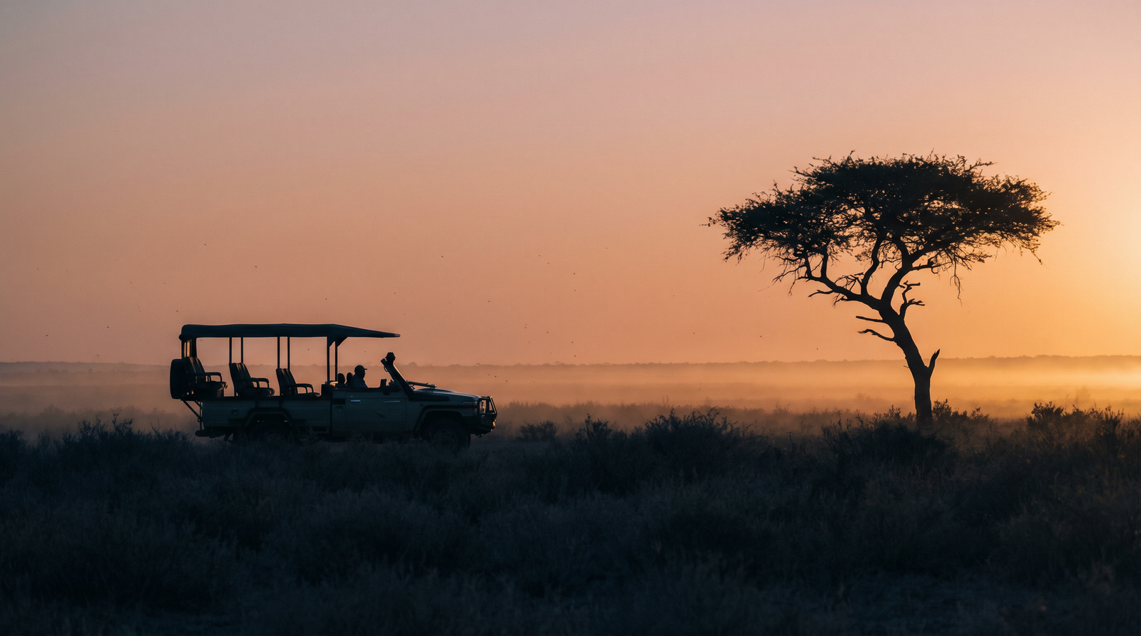 A safari vehicle silhouetted against an African dawn sky