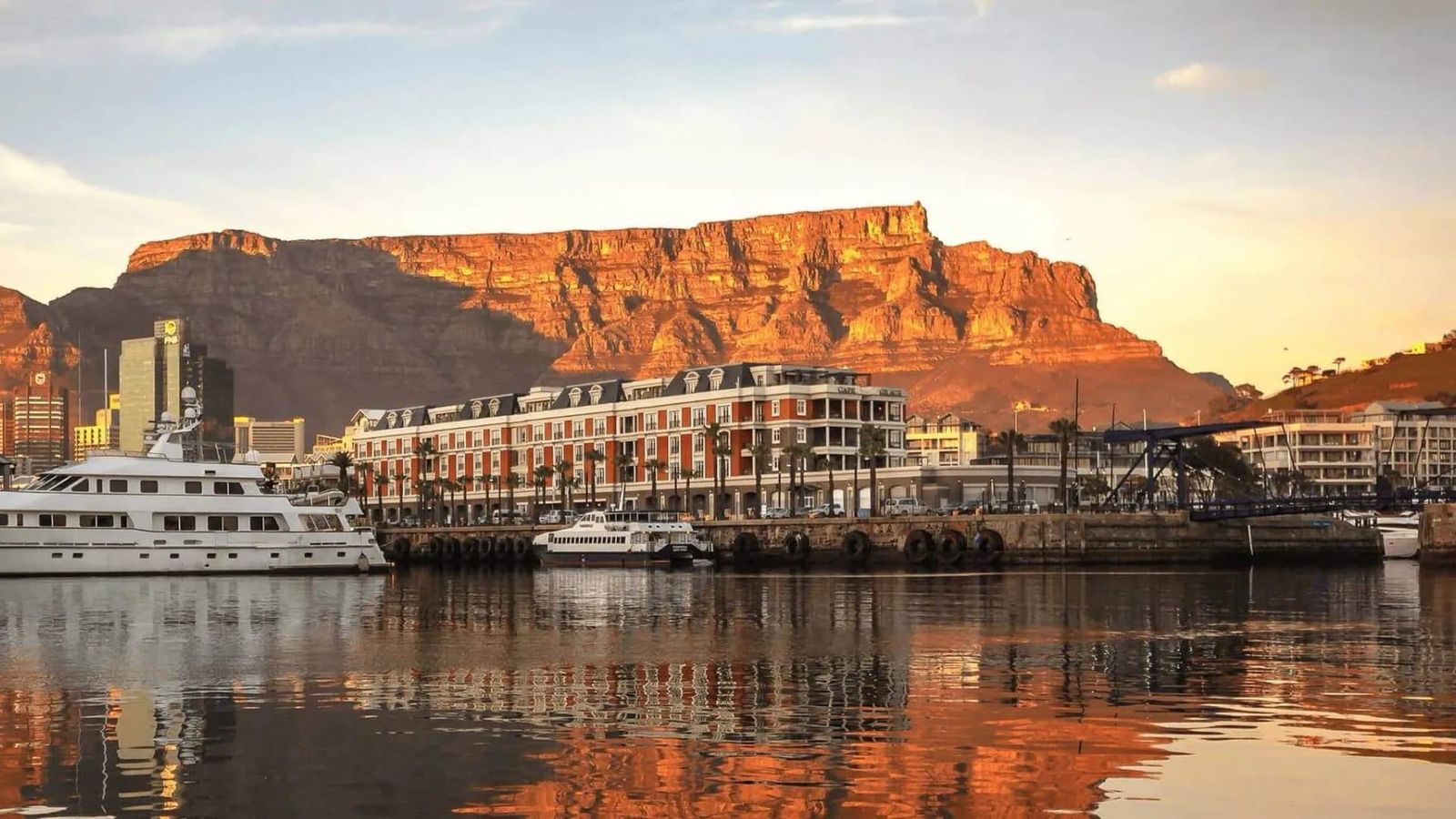 Aerial view of Cape Town and Table Mountain at dusk