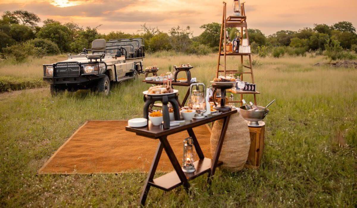 A breakfast table set out in the bush beside a game drive vehicle