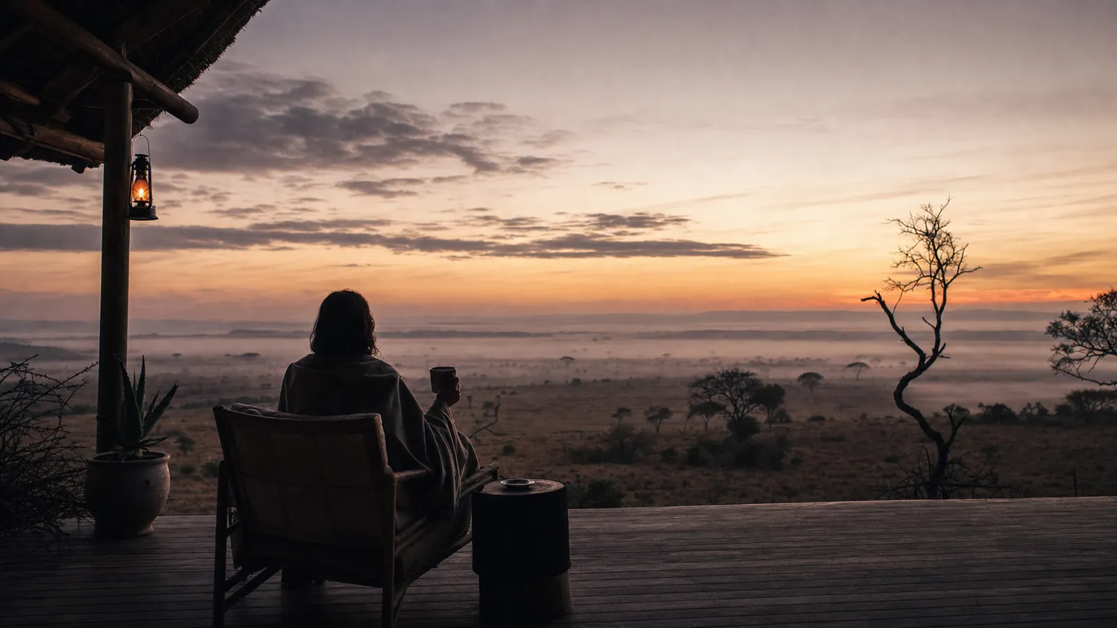 Solo guest on a lodge deck at first light, watching mist lift from an open African plain