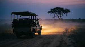 A safari Land Cruiser at predawn, headlights cutting through dust and mist