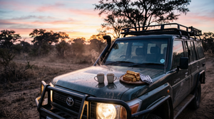 Coffee mugs and rusks on the bonnet of a Land Cruiser at first light
