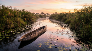 A mokoro at first light on a flooded channel of the Okavango Delta