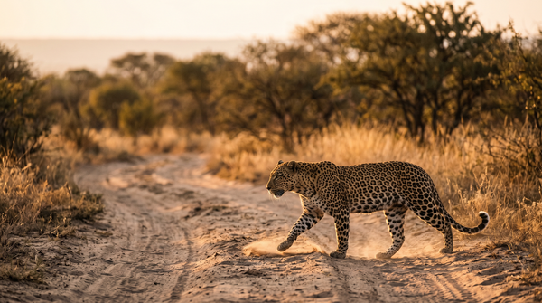 A leopard crossing a sandy track at first light, Sabi Sand