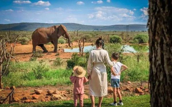 A mother and her children watching an elephant at a watering hole in a malaria-free game reserve in South Africa