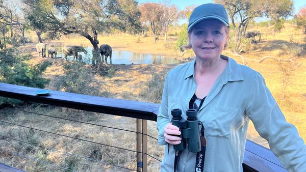 Vikki Jackson with binoculars on Serondella's deck, elephants at the waterhole behind her