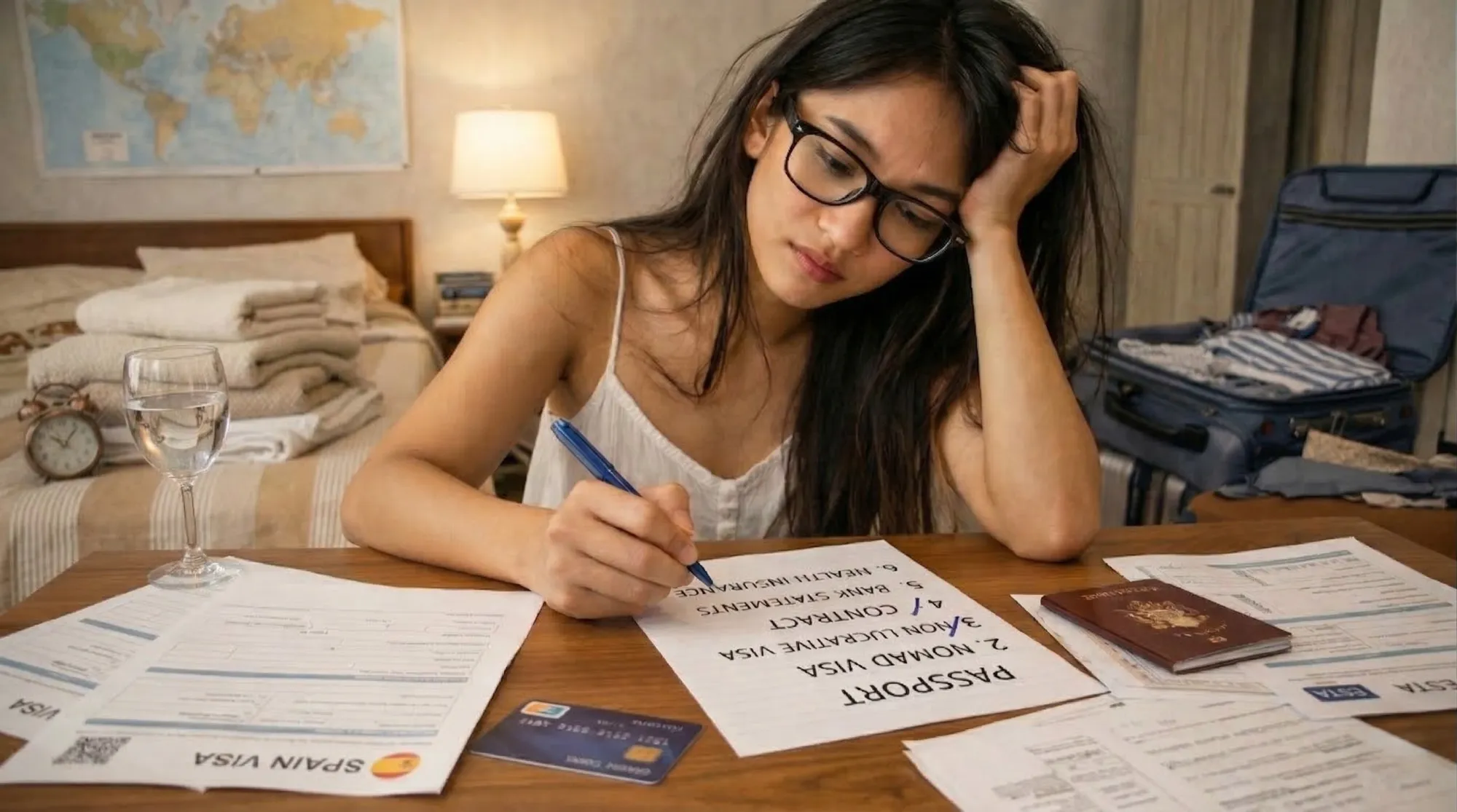 Remote worker struggling with visa paperwork in Spain, surrounded by documents and travel plans