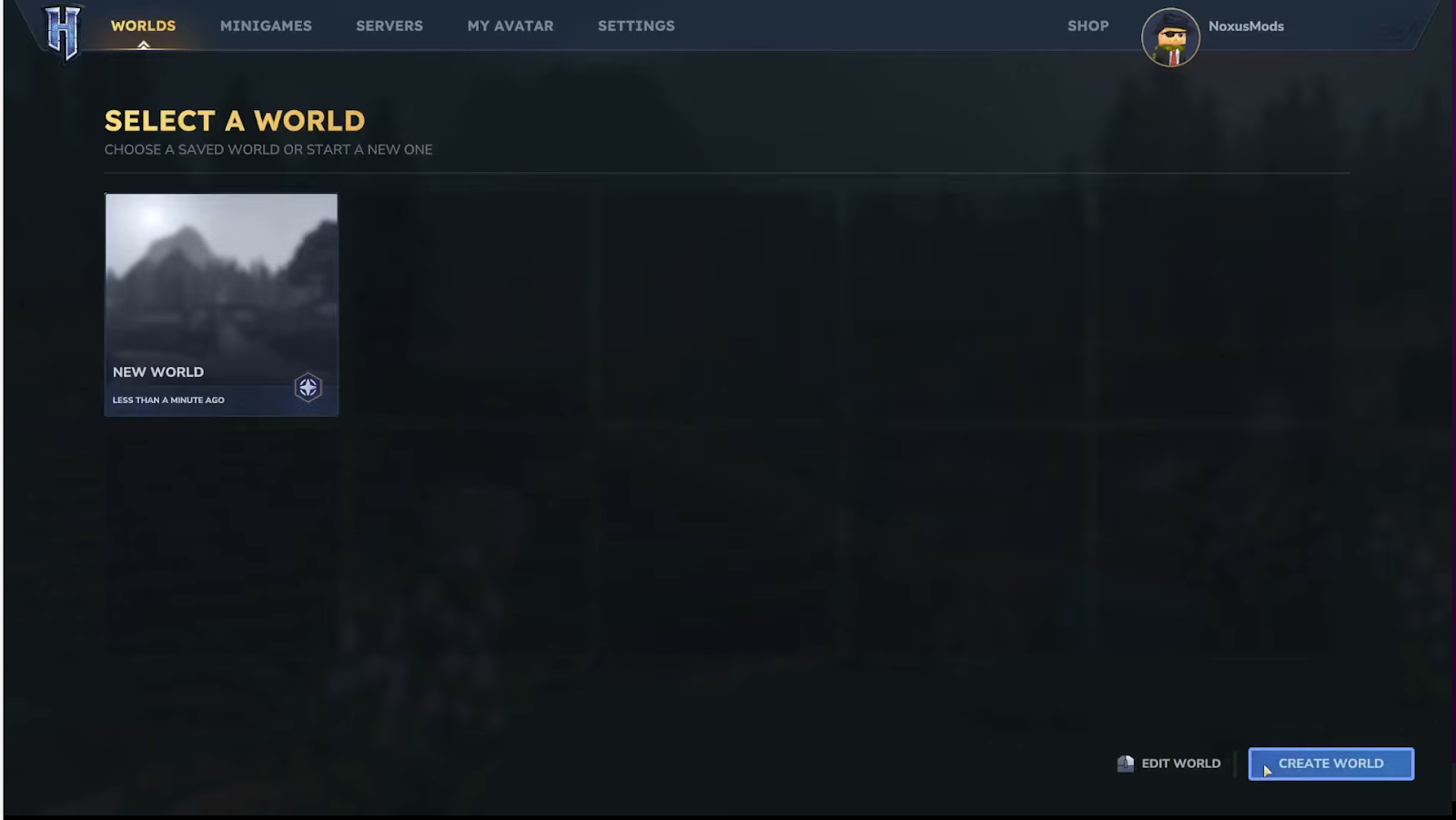 Selecting the "Create World" button within the Hytale world selection menu.