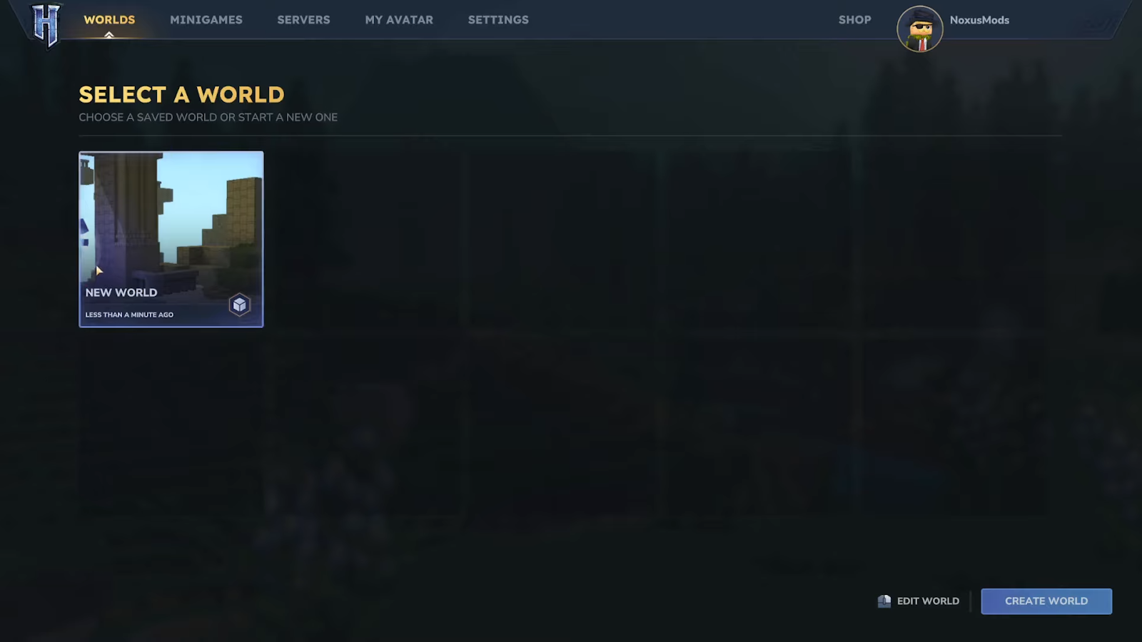 Selecting a newly created world from the Hytale "Select a World" menu.