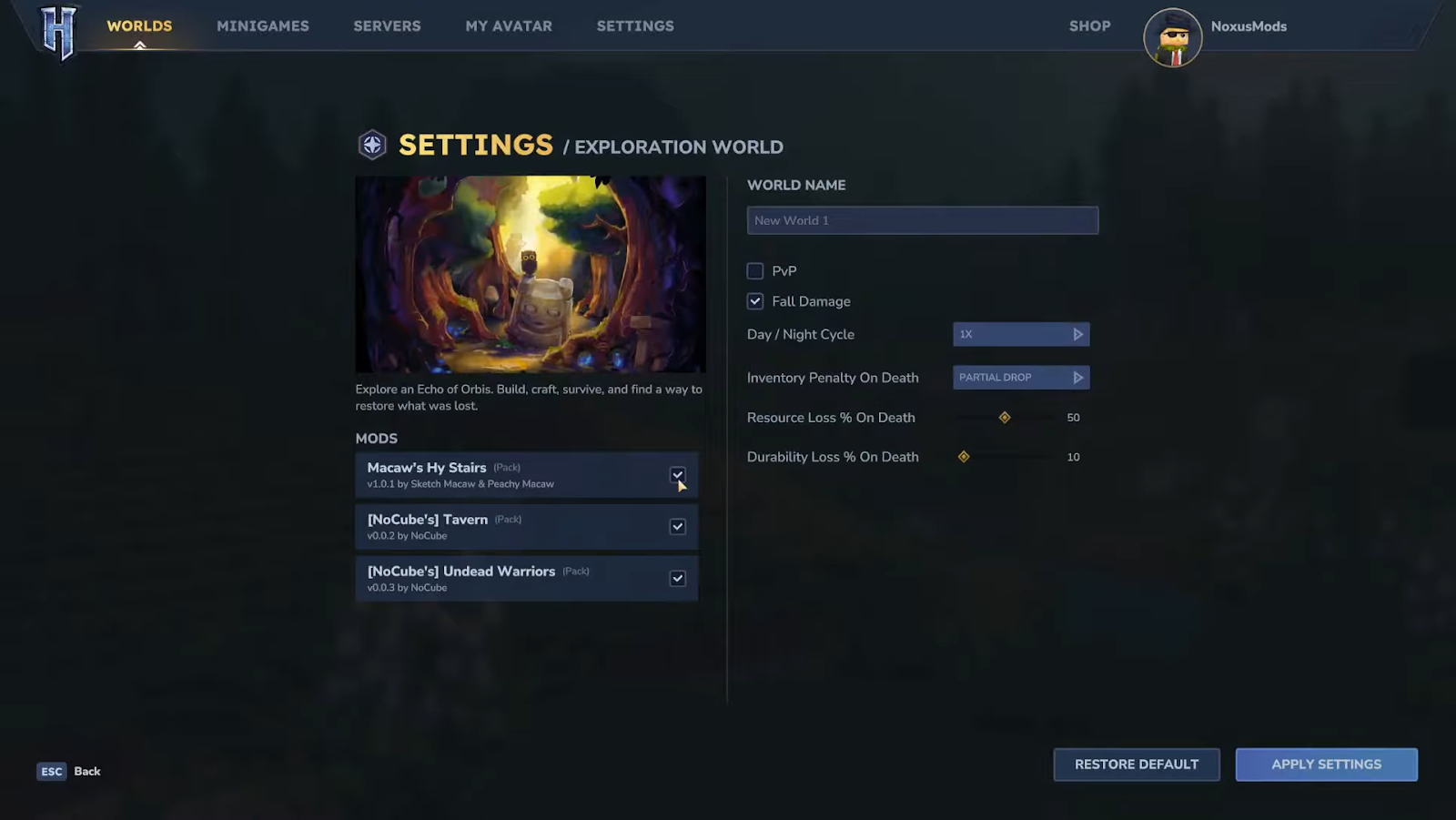 Enabling specific mods like "Macaw's Hy Stairs" in the Hytale Exploration World settings.