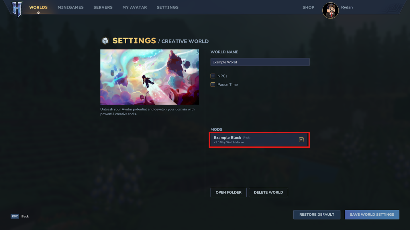 Hytale world settings showing a Pack "Example Block" enabled for a specific world