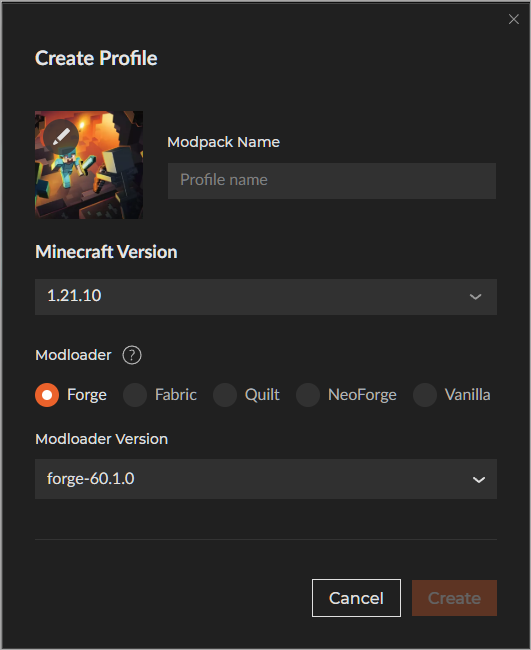 The 'Create Profile' window in the CurseForge app for Minecraft. It shows fields for Modpack Name, Minecraft Version set to 1.21.10, and Modloader set to 'Forge' with version 'forge-60.1.0' selected.