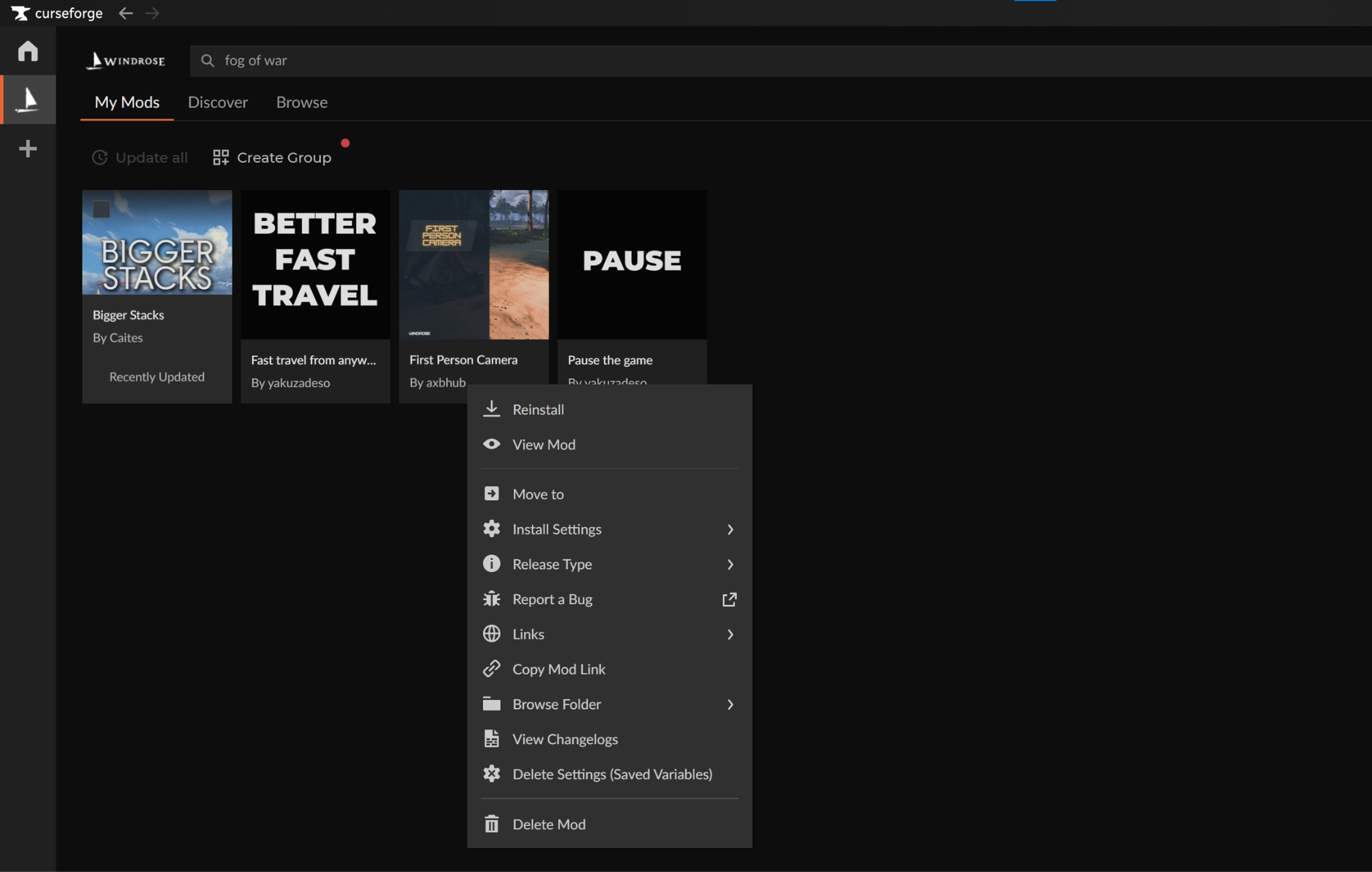 The "My Mods" tab in CurseForge showing a list of installed Windrose mods and an open right-click settings menu.