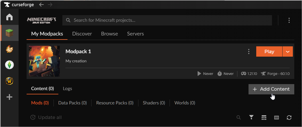 CurseForge My Modpacks page for "Modpack 1" with the "Add Content" button on the right