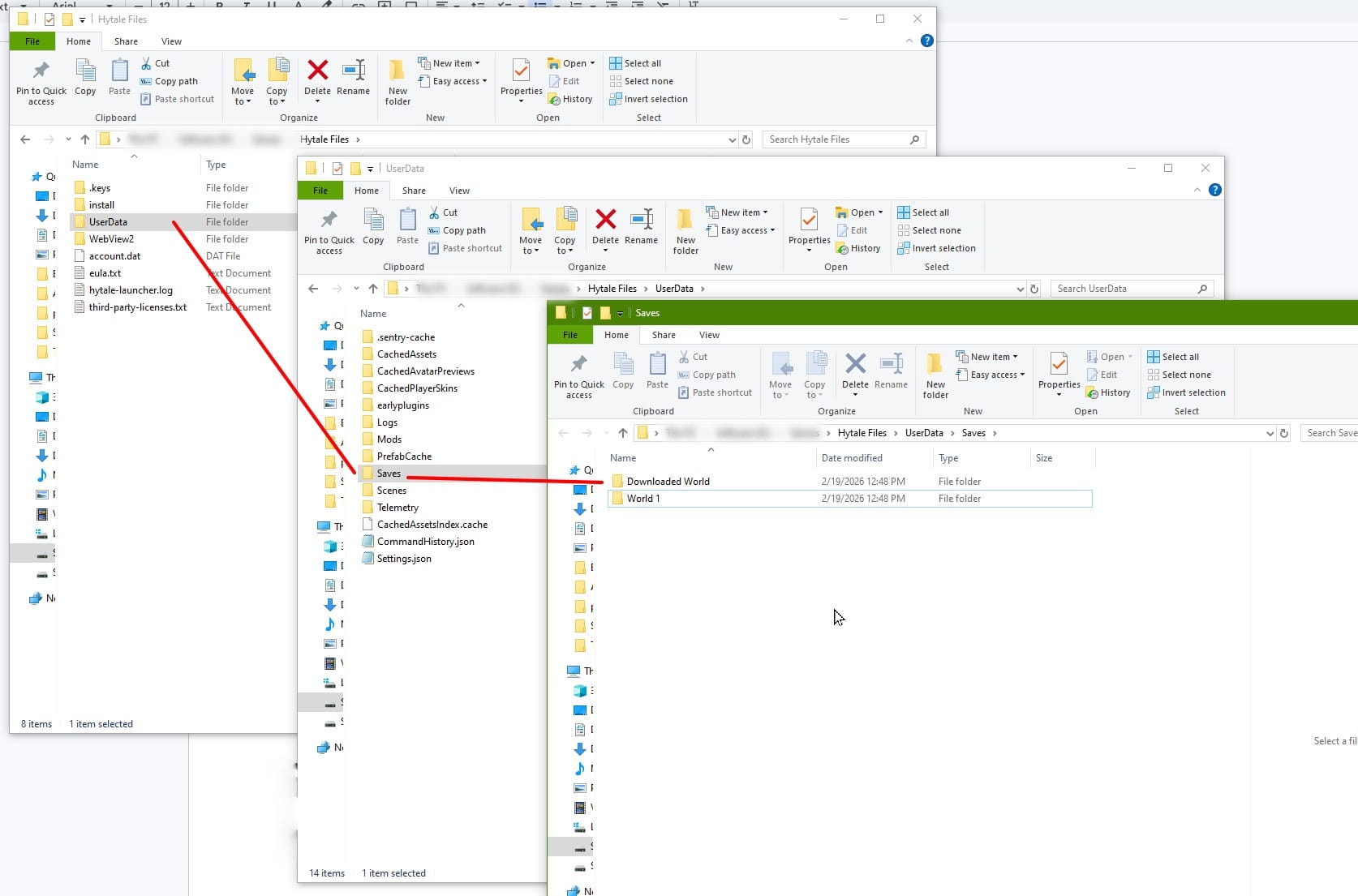 Three windows folders showing the path to the Saves folder for Hytale installations.