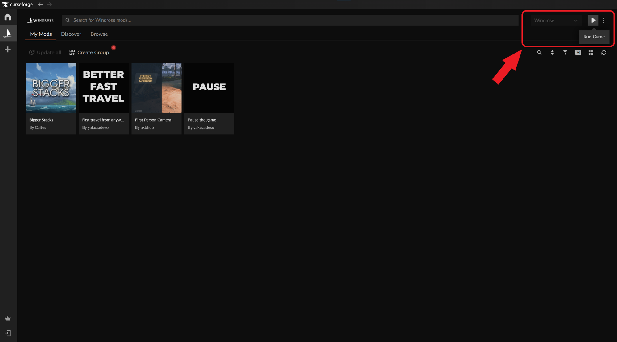 The Windrose "My Mods" dashboard in CurseForge with a red arrow pointing to the "Run Game" play button in the top right corner.
