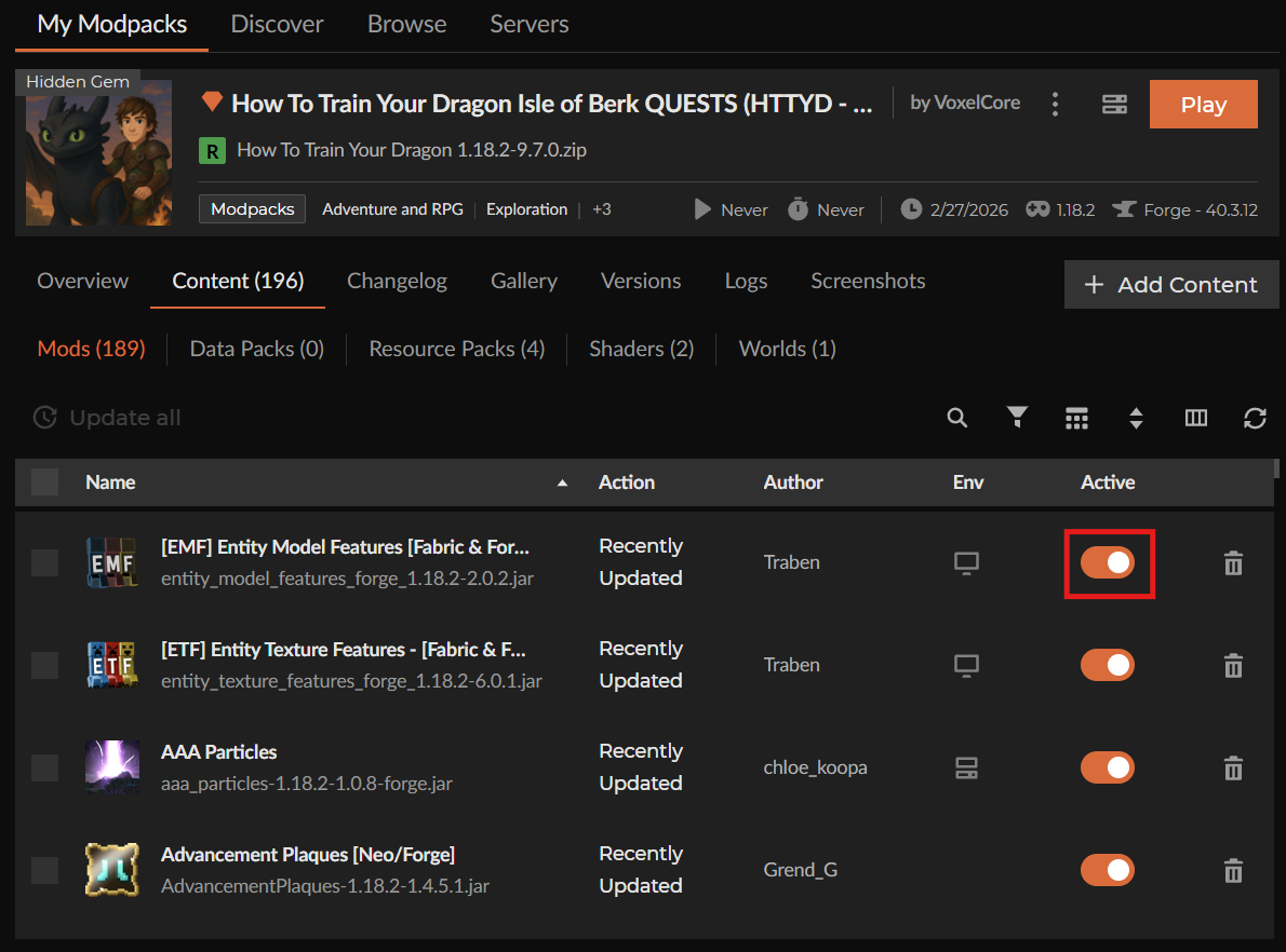 CurseForge modpack Content tab showing the Active toggle highlighted for an installed mod