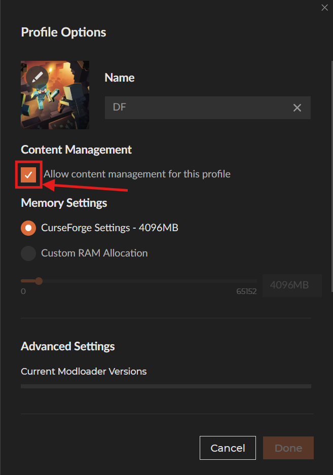 CurseForge Profile Options showing the checked box "Allow content management for this profile" highlighted with a red arrow