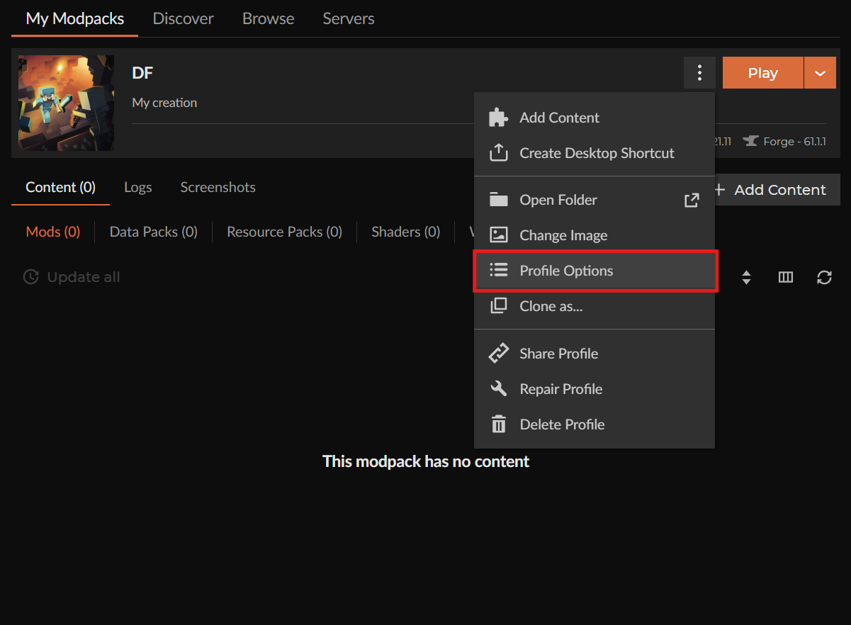 CurseForge profile menu open with Profile Options highlighted on the DF modpack page