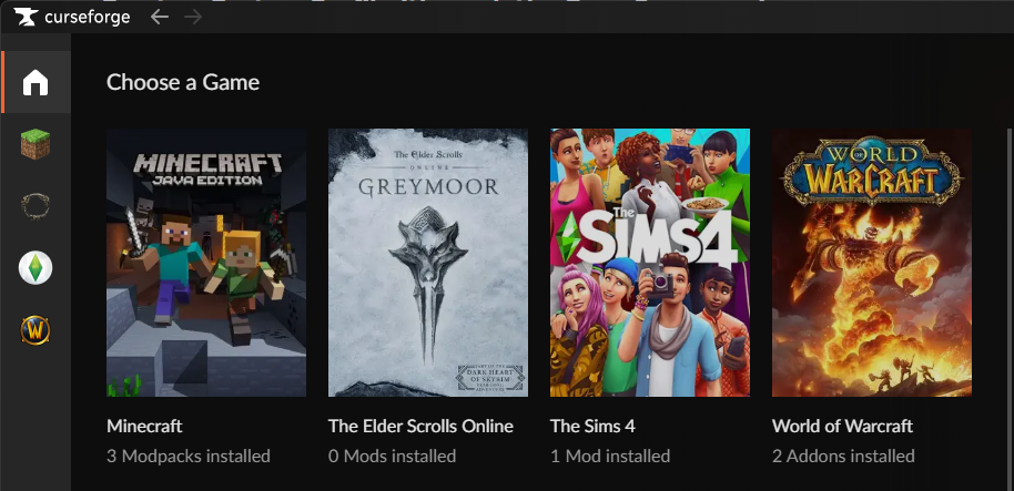 CurseForge Choose a Game screen showing game tiles for Minecraft, The Elder Scrolls Online, The Sims 4, and World of Warcraft