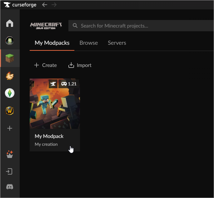 CurseForge My Modpacks screen showing a profile tile named "My Modpack" marked for Minecraft 1.21