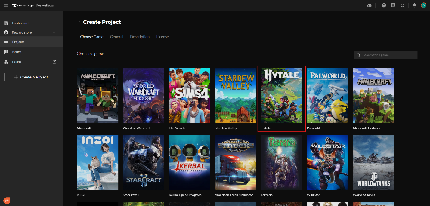 CurseForge Start a Project screen with Hytale selected from the games list.
