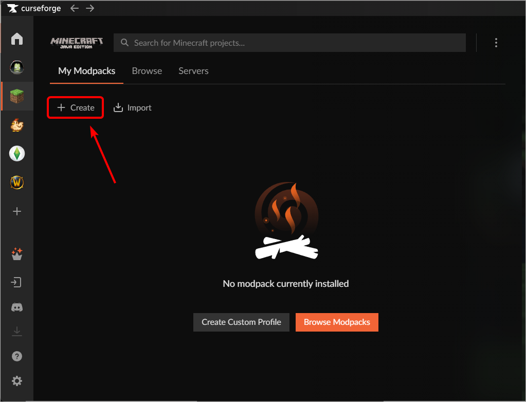 CurseForge My Modpacks screen with the "+ Create" button highlighted and a red arrow pointing to it