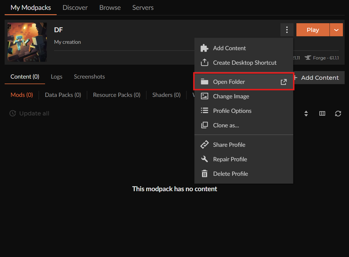 CurseForge profile menu open with "Open Folder" highlighted on the DF modpack page