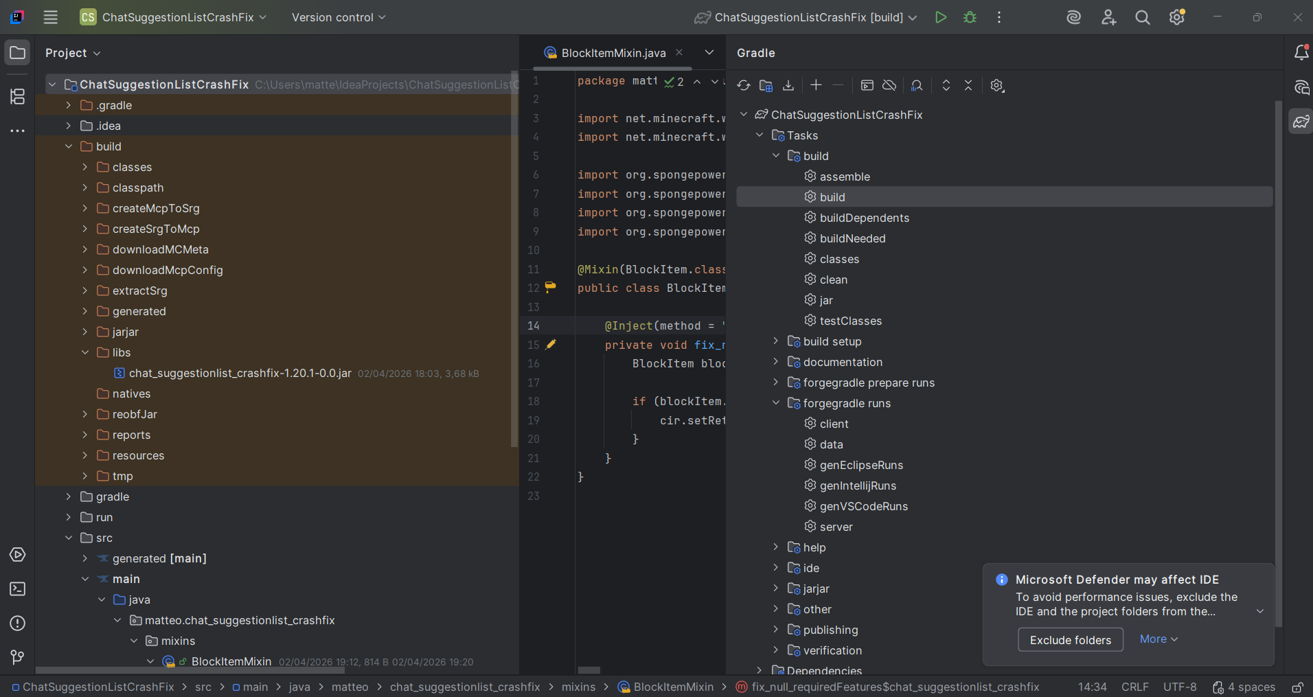 A screenshot of the IntelliJ IDEA interface showing a Java project. The Gradle tool window is open on the right with the "build" task highlighted, and the project file explorer on the left shows a generated JAR file within the "build/libs" directory.