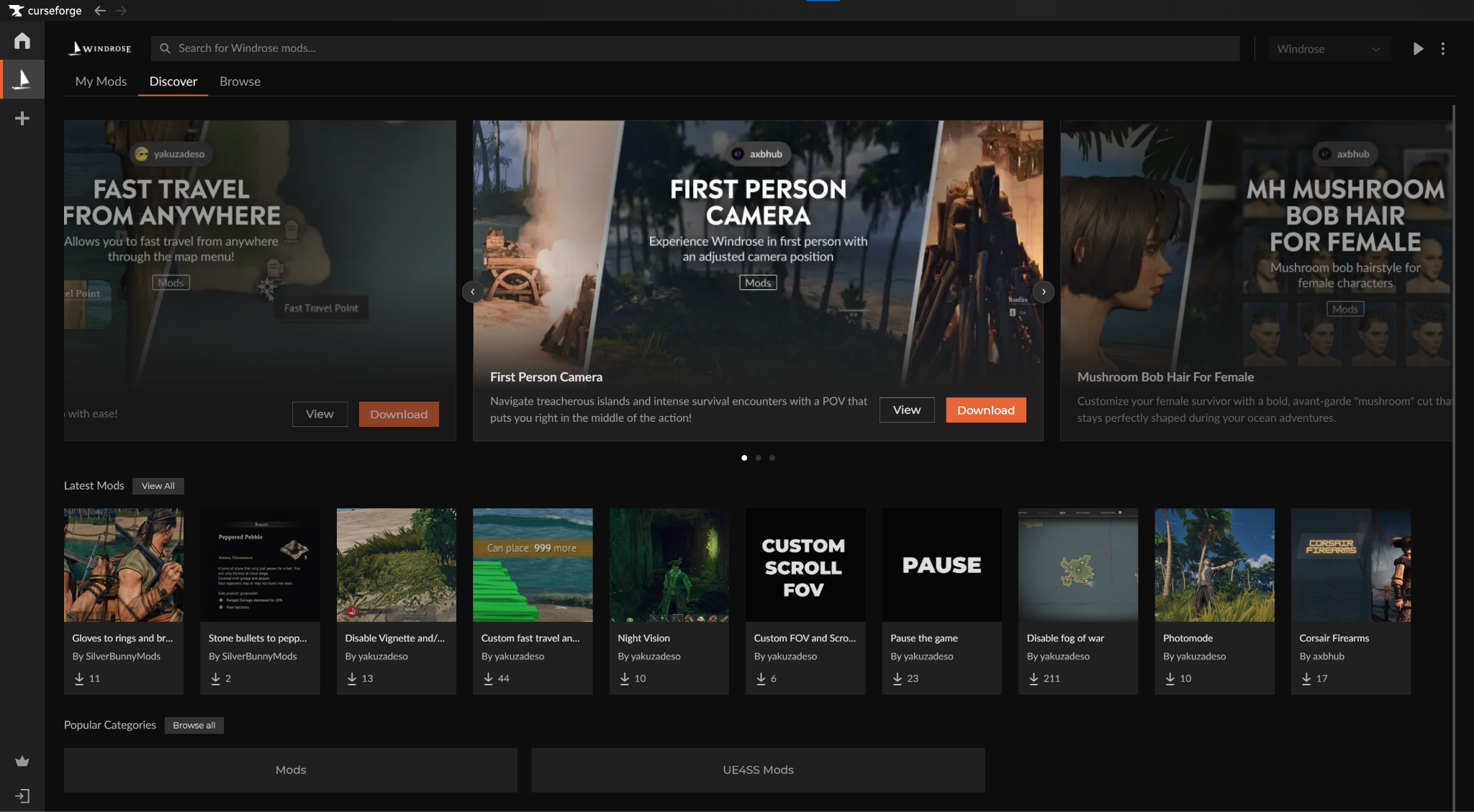 The Windrose "Discover" tab in CurseForge, showing featured mods like Mushroom Bob Hair and Fast Travel From Anywhere.