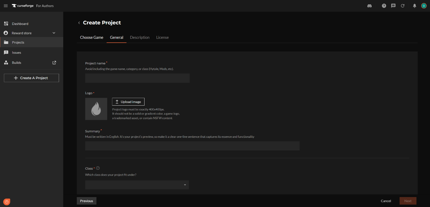 CurseForge Create Project page for Hytale showing project details fields.