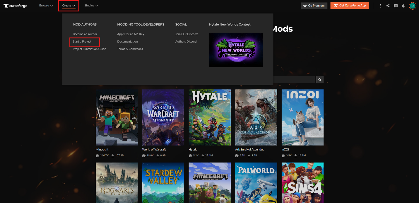 CurseForge "Create" menu with "Start a Project" highlighted to begin a new,