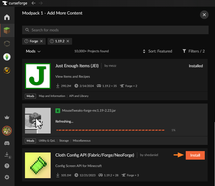 CurseForge Add More Content screen showing Just Enough Items (JEI), MouseTweaks, and Cloth Config API with an orange arrow pointing to the Install button