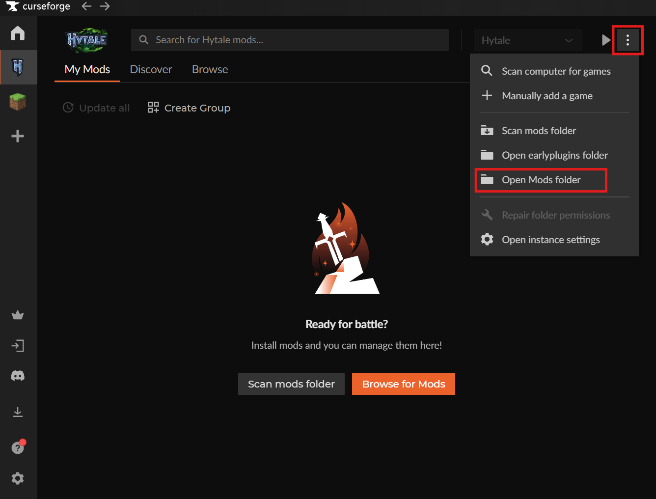 CurseForge Hytale menu with the "Open Mods Folder" option highlighted.