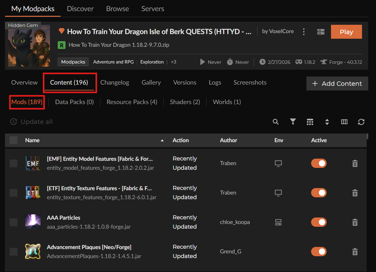CurseForge My Modpacks page showing Content (196) highlighted and Mods (189) selected