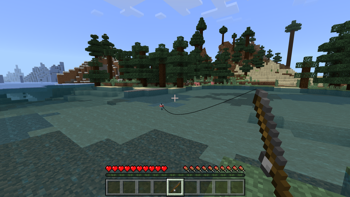 First-person Minecraft view of a player fishing in shallow water near a forested shoreline.