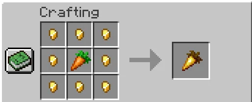 Minecraft golden carrot crafting recipe showing 8 gold nuggets around 1 carrot to make a golden carrot.