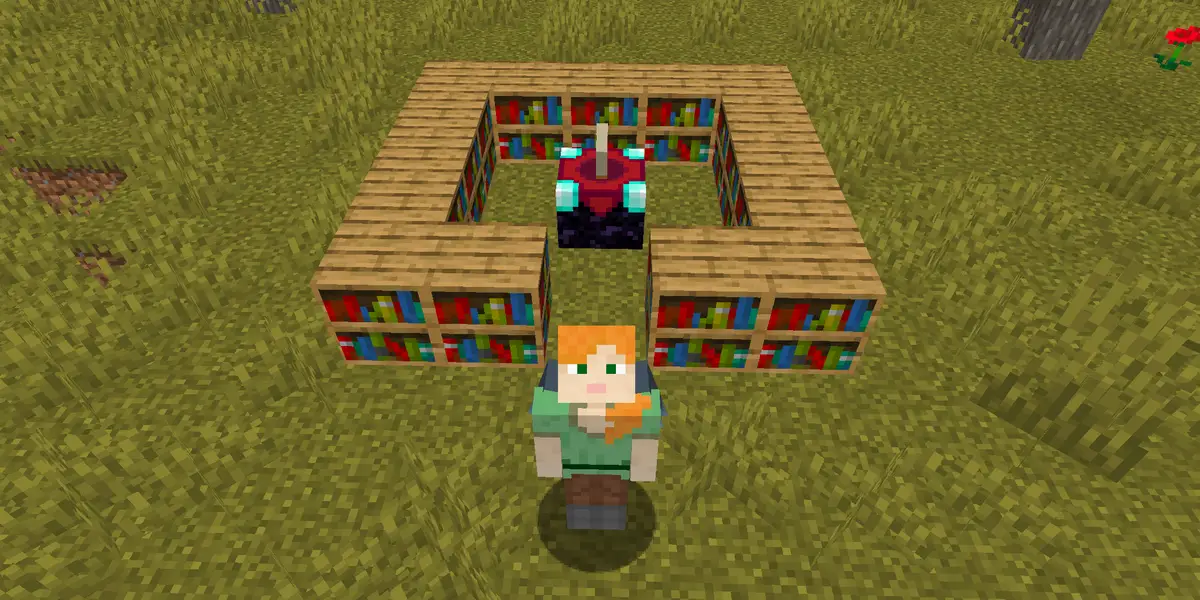 Minecraft enchanting setup with an enchanting table surrounded by bookshelves.