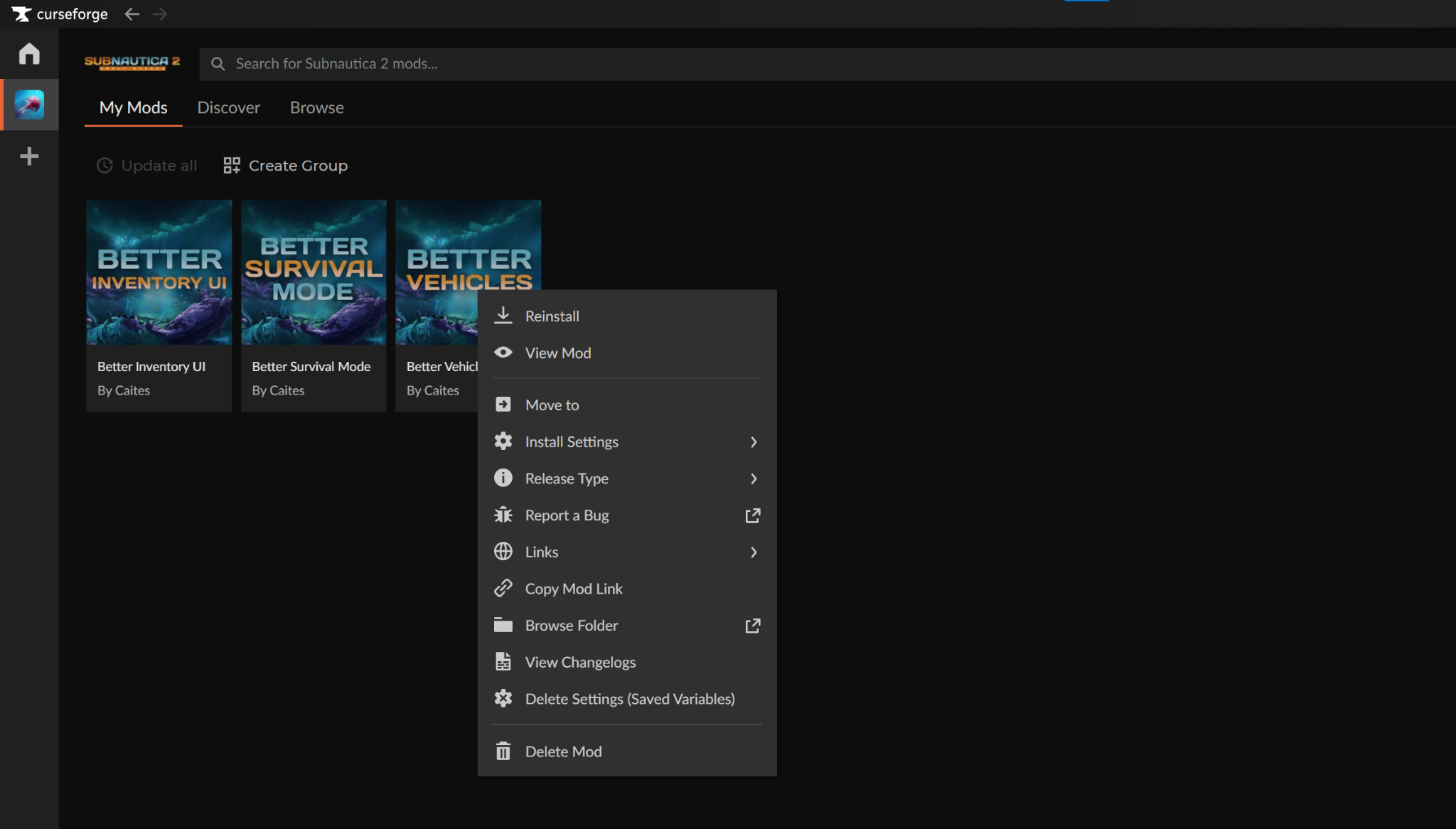 The "My Mods" tab in CurseForge showing a list of installed Subnautica 2 mods and an open right-click settings menu.