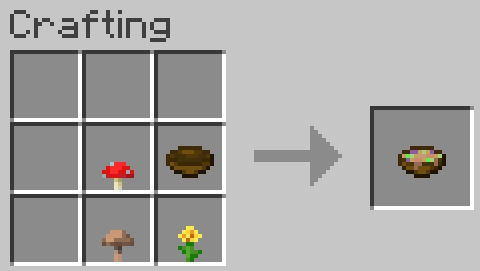 Crafting recipe for suspicious stew with a red mushroom, brown mushroom, bowl, and yellow flower.