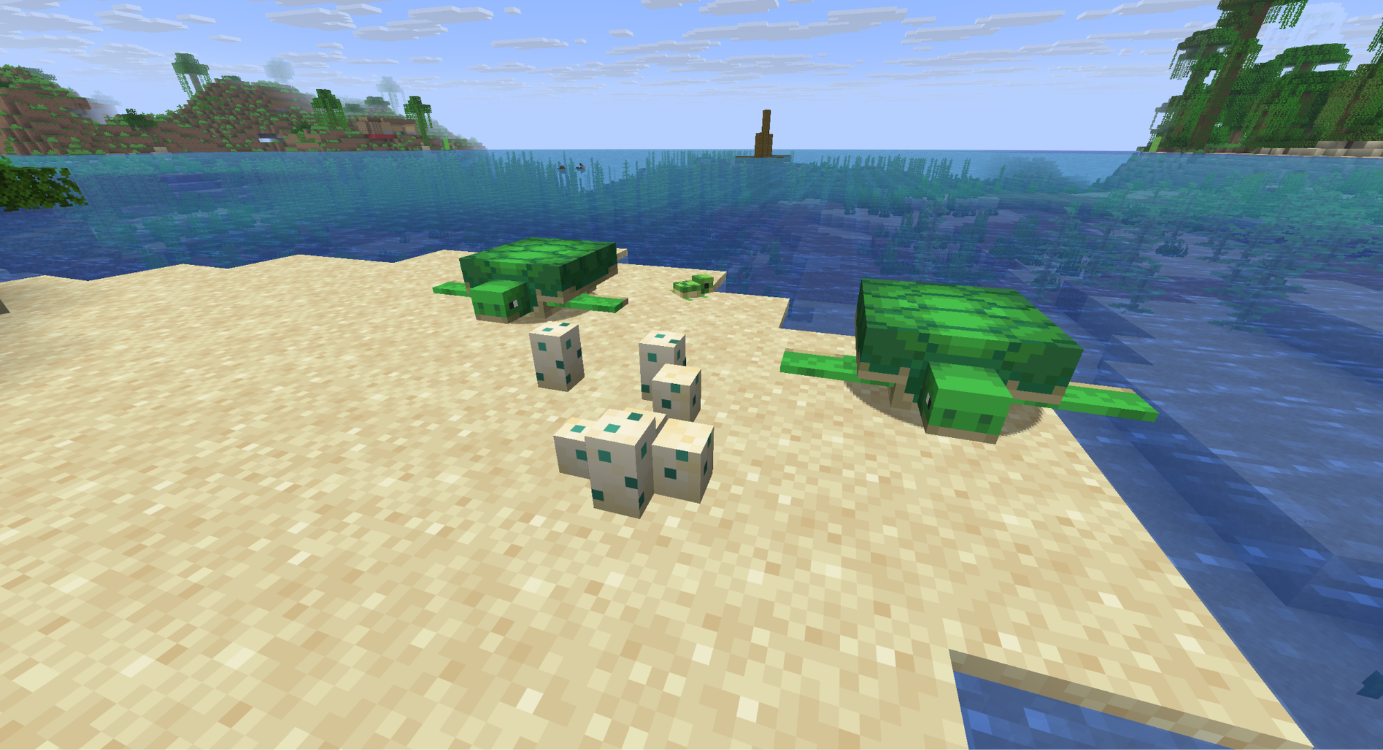 A Minecraft screenshot of turtles on a beach by some turtle eggs.