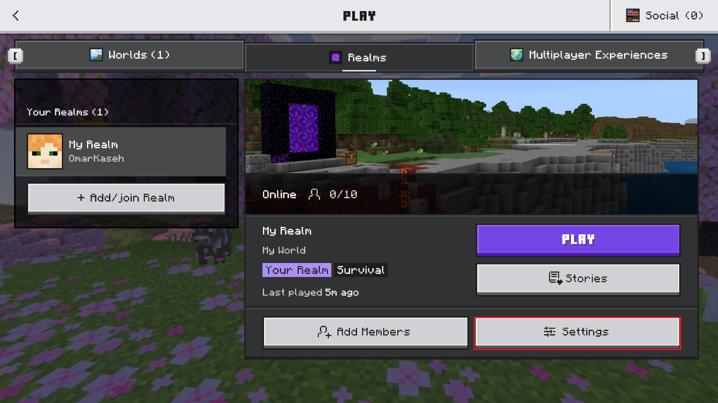 Minecraft Bedrock Realms screen showing a Realm selected and the Settings button highlighted.