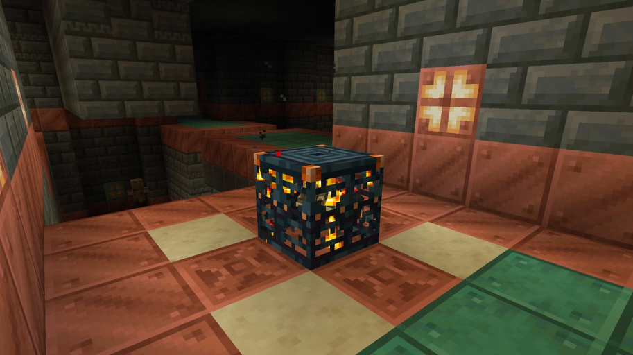 Trial spawner placed in the middle of a Trial Chamber room with copper floor tiles and tuff brick walls.