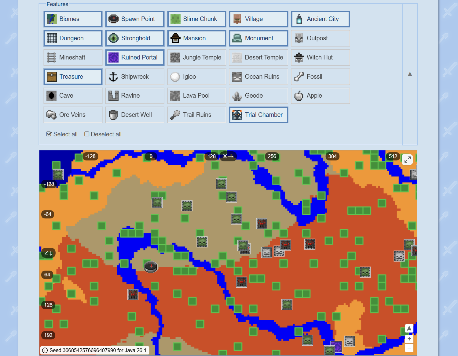 Chunkbase Seed Map showing feature filters at the top and a biome and structure map generated from a Minecraft seed.