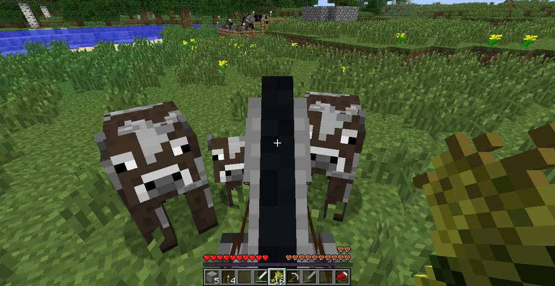 First-person Minecraft view from a horse with wheat in hand as two adult cows and a calf follow the player.