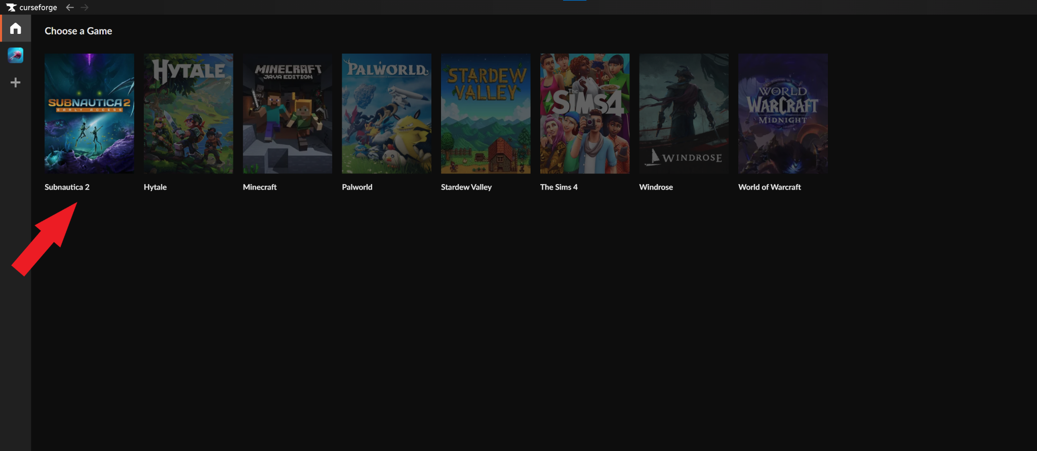 The CurseForge "Choose a Game" screen with the Subnautica 2 game tile highlighted by a red arrow.