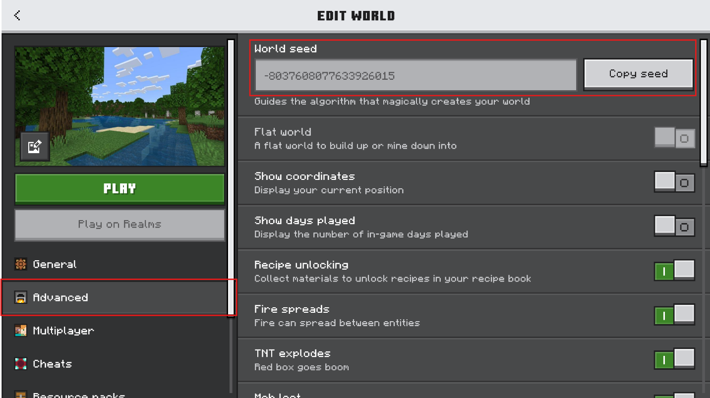 Minecraft Bedrock Edit World screen with the Advanced section selected and the World seed field plus Copy seed button highlighted.